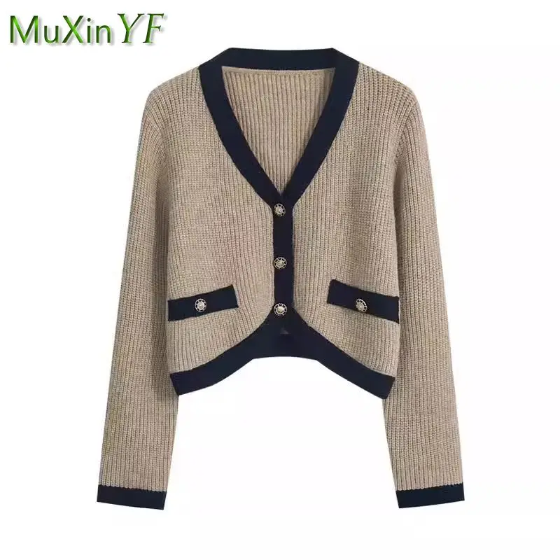 2024 Autumn/Winter New Korean Elegant V-neck Contrast Knit Sweater Coat+High Neck Dress Two Piece Women's Fashion Matching Set