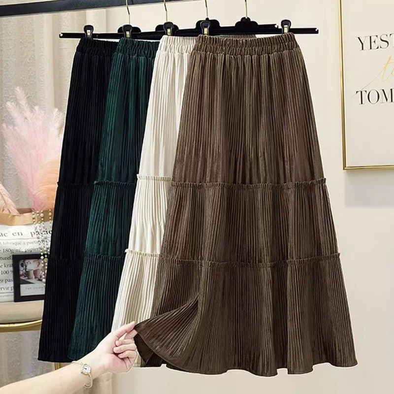 

Velvet Long Skirt Women Autumn/Winter Retro Elastic High Waist A-line Splice Party Skirt Midi
