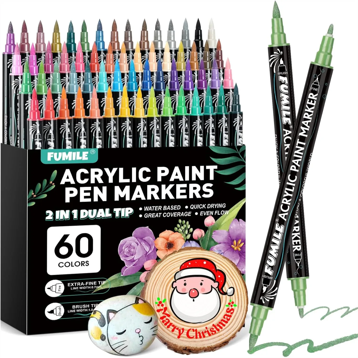 

60 Colors Acrylic Paint Markers with Dual Tip for Rock Painting, Canvas, Wood, Ceramic, Glass, Plastic