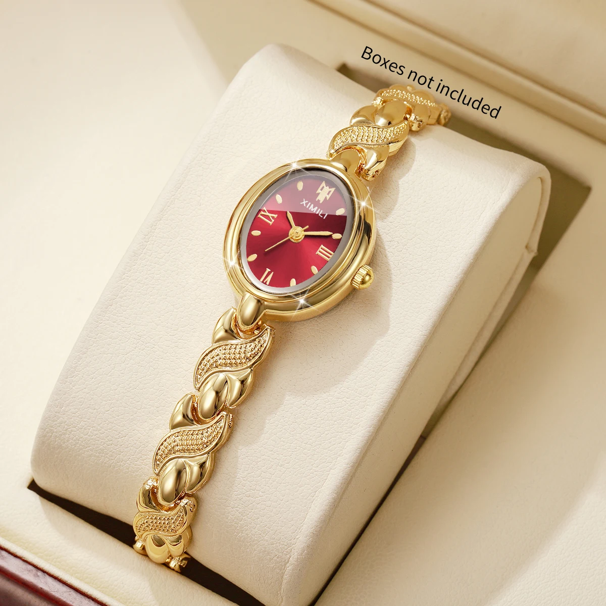 Fashion Red Oval Dial Women Quartz Watch Engraved Golden Bracelet Strap Ladies Dress Wristwatches Relogio Feminino（Without Box）