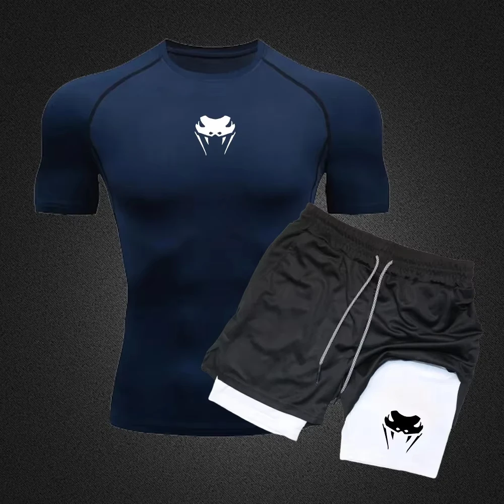Men Compression Athletic Fitness Wear - Quick-Dry Tight Short-Sleeve Anime Double-Layer Shorts Summer Set Fitness Running Set image 5