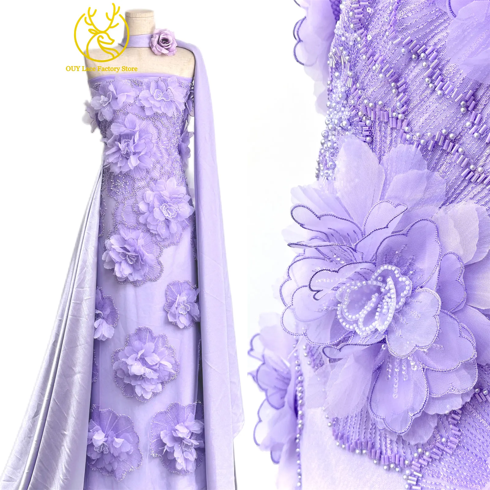 Hochwertige Exquisite 3D-Stickerei Blumen-Tüllspitze Hochwertige Afrikanische Perlen-Pailletten-Spitze Französischer Tüll Hochzeitskleid-Stoff – Detail 4