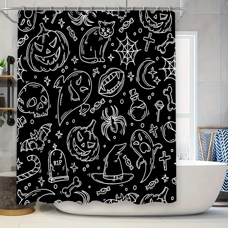 Black Halloween-themed shower curtain with white skeleton witch hat candy design for bathroom decor AliExpress