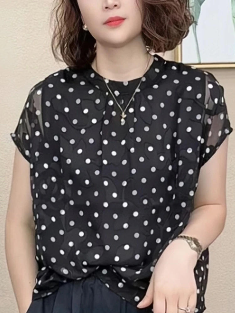 Polka Dot Stand Collar ort Sve irt Women's Faion Slimming Design Sensation Me Top Summer New Sle Ele Lady