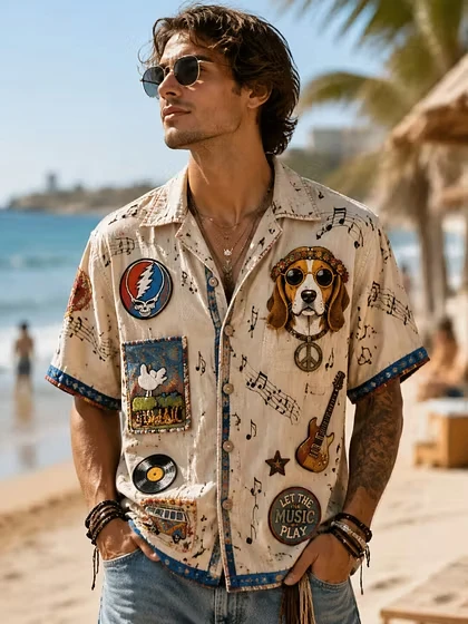 Men's Shirt Westie Dog Beach Scenery Print New Tropical Notch Collar Roll Sleeve Light Fabric Seaside Holiday Male Garments