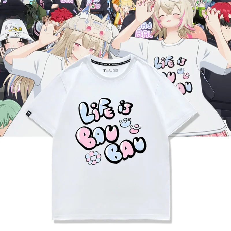 Unisex Virtual Broadcast FUWAMOCO Life BAU T-Shirt Loose Fit Pure Cotton Casual Style Short Sleeve round Neck Letter Pattern