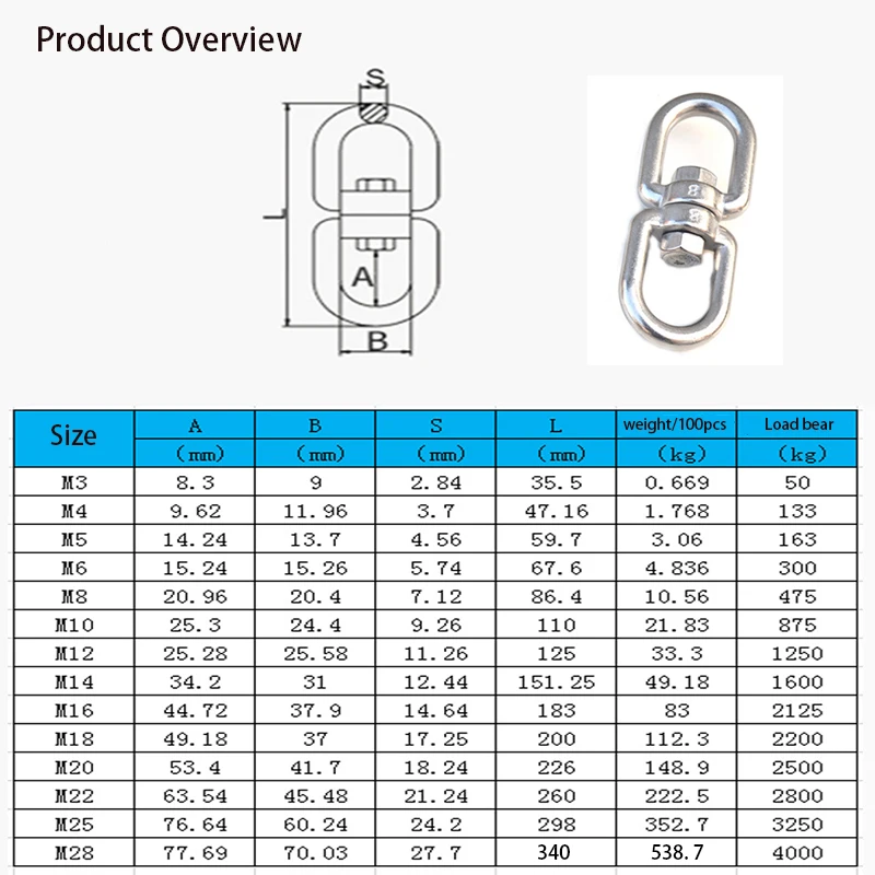 1pcs M3-M20 Double Ended Swivel Hook 304 Stainless Steel Rotation Buckle Swivel Shackle Ring Outdoor Rock Climbing Carabiner