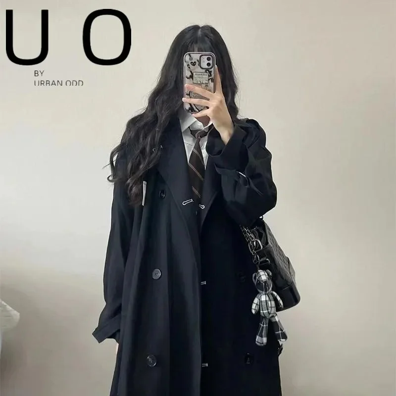 

Black Windbreaker Coat Women's 2023 Autumn New Loose Mid length Korean British Style Small Hepburn Woolen Coat Solid Commuter