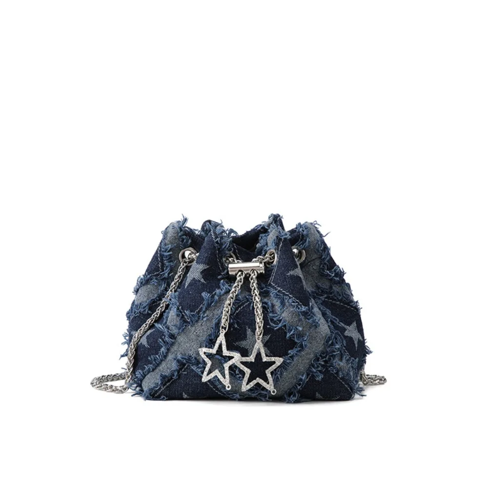 

Retro Tassel Star Denim Bucket Bag Drawstring Handbag Metal Chain Crossbody Bag Rhinestone Small Purse Cloth Shoulder Bag Women
