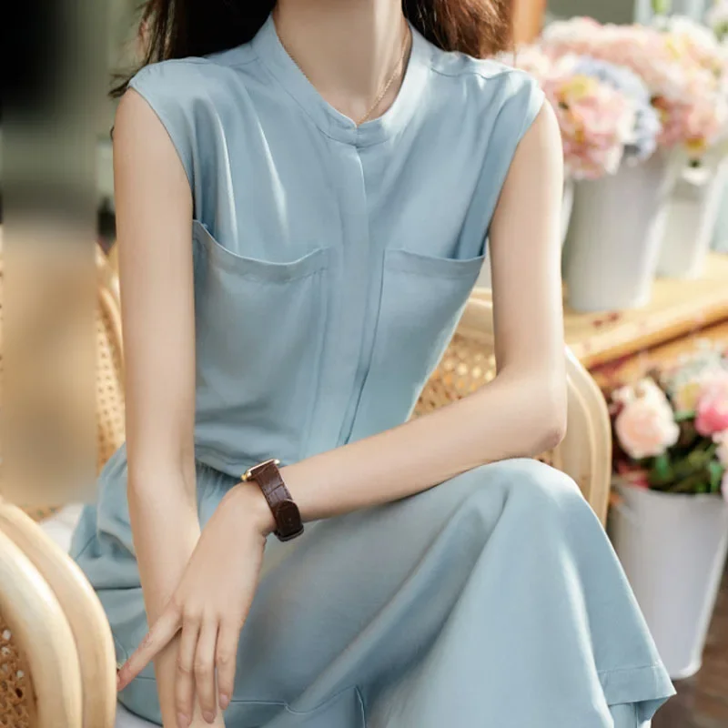 

2025 New Style Slim And Tall Blue Solid Color Women Dress