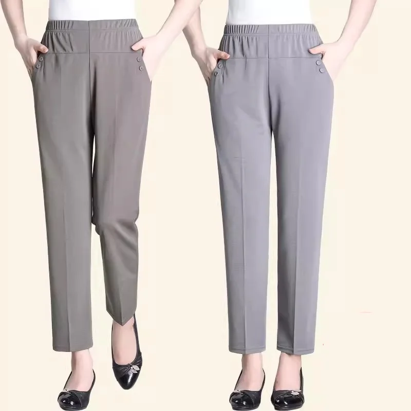 

Mom's Pants Summer Slim Nine Split Pants Elastic waist Straight leg Pants Middle-aged and elderly Loose Casual Trousers