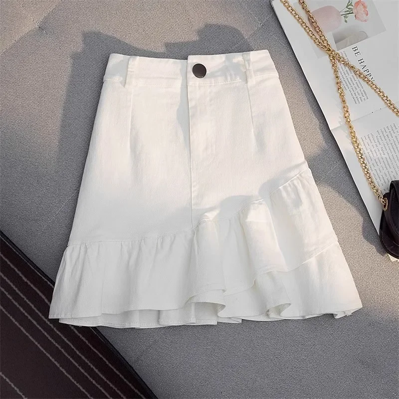 2025 Spring/Summer New High Waist Short Skirt with White Denim Fabric, Irregular Ruffle Hem and A-Line Cut, Women's