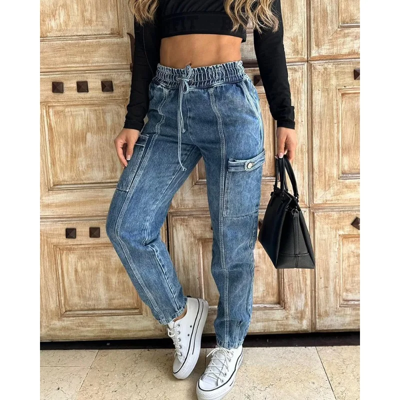 

Women Vintage Washed Stitching Loose Jeans Spring Summer New Jeans Women Drawstring Elastic Mid Waist Denim Straight-Leg Pants