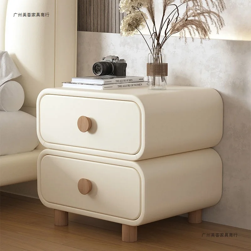 

Cream Wind Bedside Table Bedroom Solid Wood Leather Bedside Table Simple Modern Minimalist Installation-free Small Storage Cabin