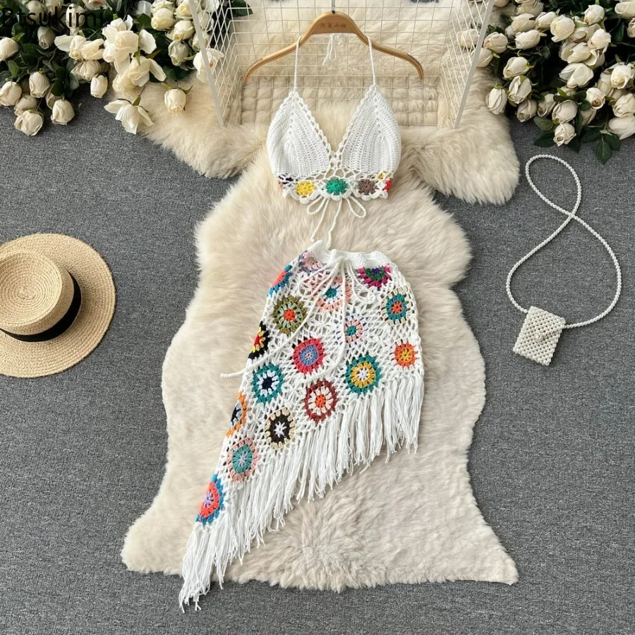 2024Women\'s Summer Bohemian Style Holiday knitted Set Tassel Halter Top WithSkirt Set Knitted Skirt Suit Two Piece Set for Women