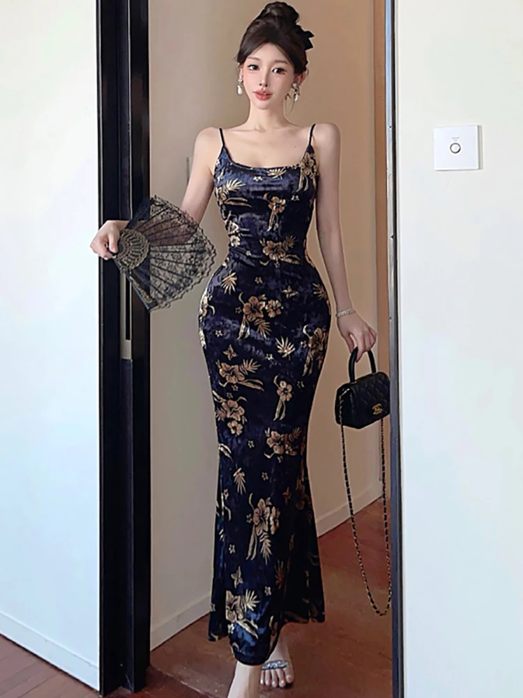 الربيع الصيف الأسود الأزهار الساتان الفاخرة حبال فستان طويل المرأة الكورية خمر هيبورن حفلة موسيقية الملابس 2025 أنيقة Bodycon Vestidos #1