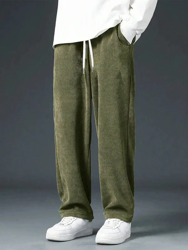 Men's Fashionable Loose Corduroy Casual Pants Drawstring Straight Leg Sporty Trousers Comfortable All-Match Long Trousers