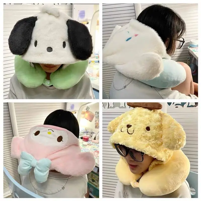 

Sanrio Anime My Melody U-shaped Hooded Neck Pillow Cinnamoroll Travel Blackout Nap Pillow Office Kuromi Pillow With Hat