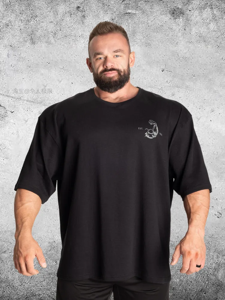 Pro Display Latissimus Dorsi Short-Sleeved Fitness European Style Powerlifting Big-Sized Muscular Male T-Shirt for Sports Wear image 3