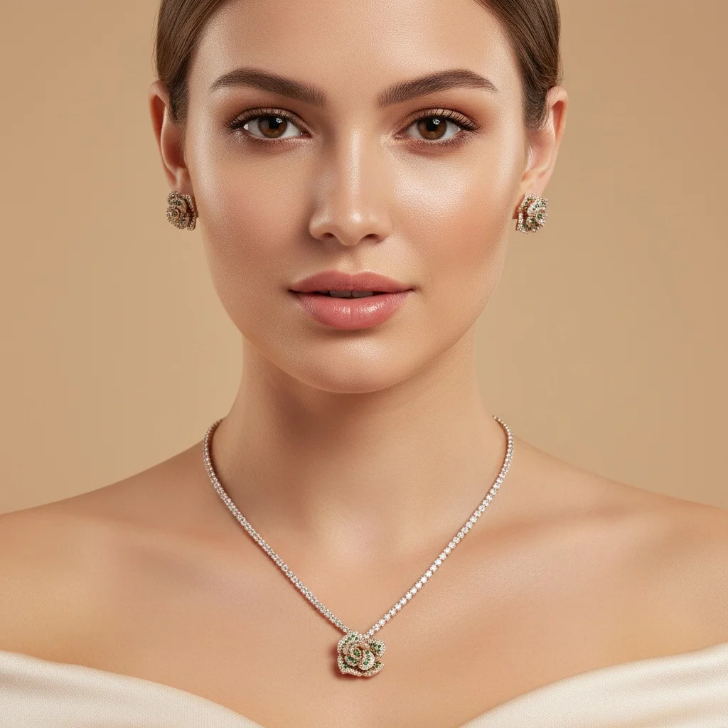 

Hot Selling European Rose Zircon Necklace Set Women Casual Versatile Niche Elegant High-end Design Jewelry Wholesale