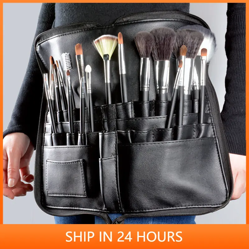 Portable PU Makeup Brush Bag With Zipper Belt For Professional Makeup Artist Large Capacity Cosmetic Bag Multi-function