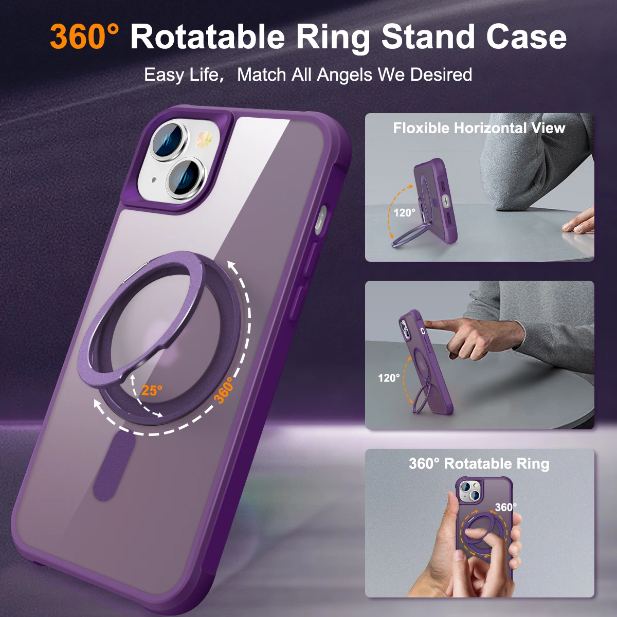 

360° Rotatable Matte Magnetic Ring Hidden Stand Case for iPhone 15 Drop-Proof & MagSafe Compatible Design