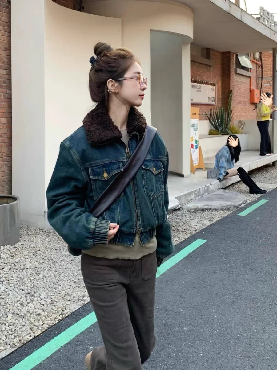 

Soolrok American Retro Collar Jaet ort Cotton Denim Women's Faion Autumn Winter ort Coat One-oulder Design Thiened