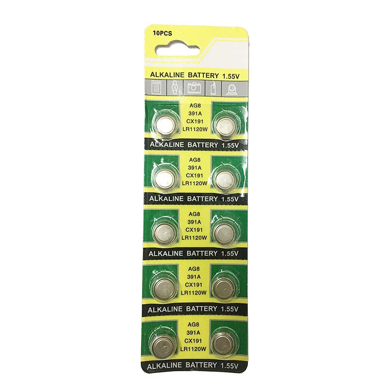 10 unids/lote AG8 LR1120 391 SR1120 pila de botón alcalina para reloj Digital