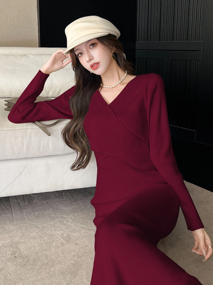 Frauen Straße Kleidung Pullover Beiläufige Gestrickte Einfache Feste V-ausschnitt Dünne Bodycon Maxi Lange Kleid Elegante Dame Mode Vestido Robe