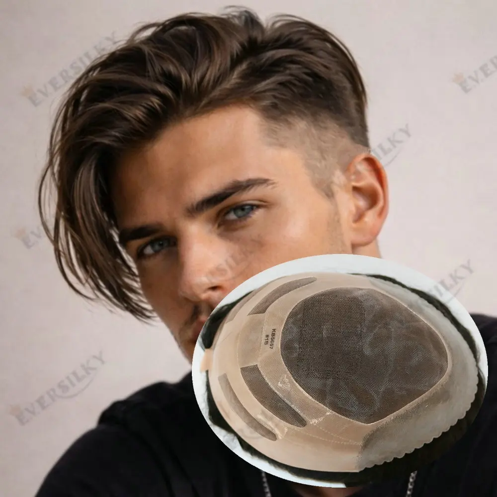 Super Durable Band Style Human Hair Mens Toupee Fine Mono Lace Base Hair Replacement System Breathable Men's Hair Prosthesis Wig
