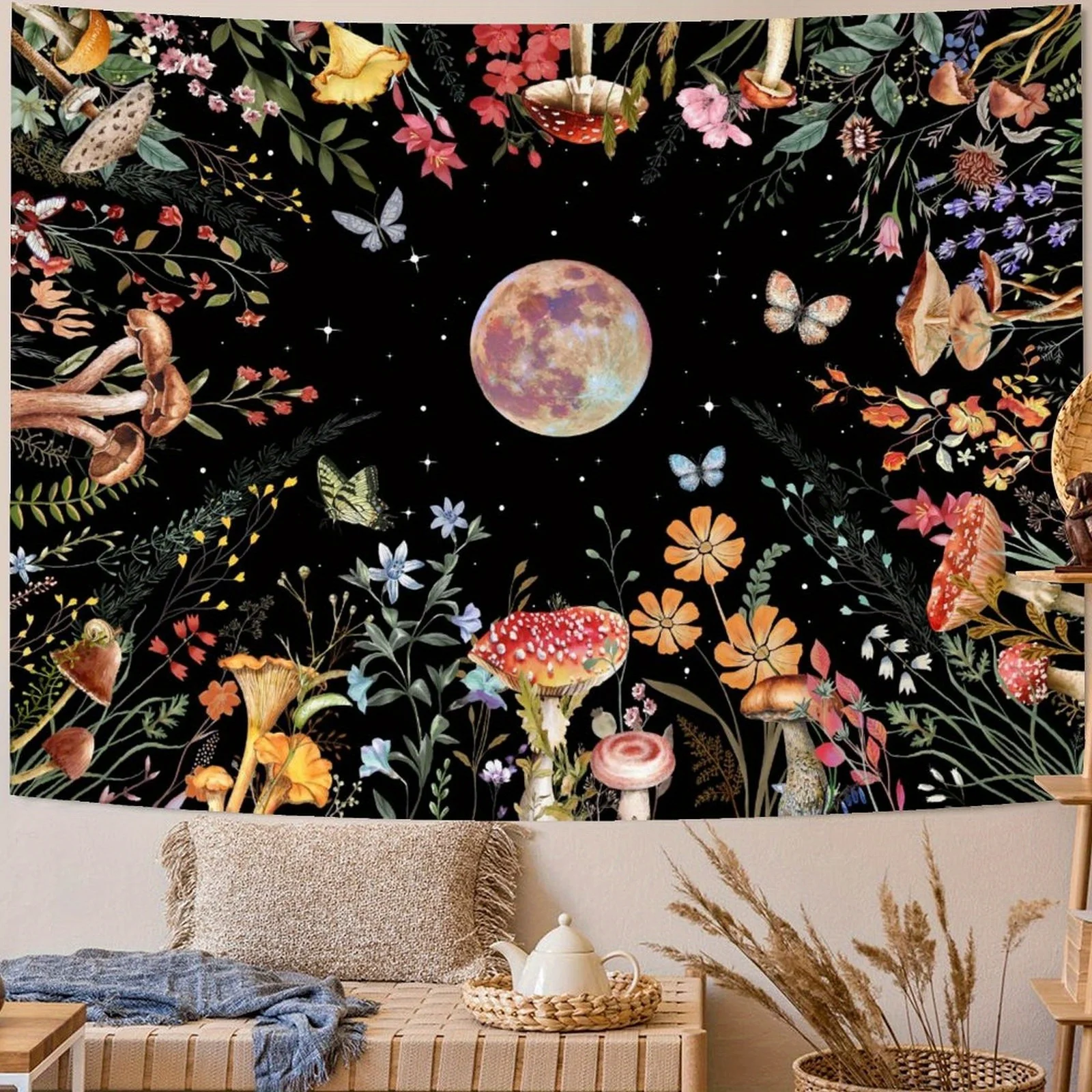1pc Bohemian Moon Tapestry with Bright Floral and Mushroom Design - Polyester Wall Hanging for Bedroom or Living Room Decor