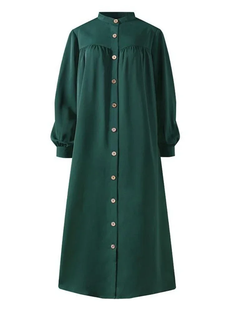 

Autumn Open Abaya Muslim Dress Green Women Shirt Dresses Long Sleeve Maxi Cozy Vestidos Female Button Robe Femme Solid Sundress