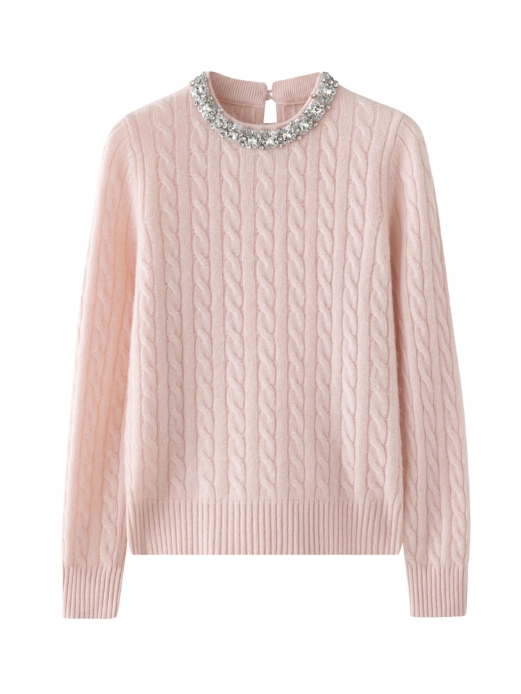 

CHICUU Women's 100% Cashmere Sweater O-neck Beading Collar Cable Knit Pullover Grace Style Autumn Winter Cashmere Knitwear Tops