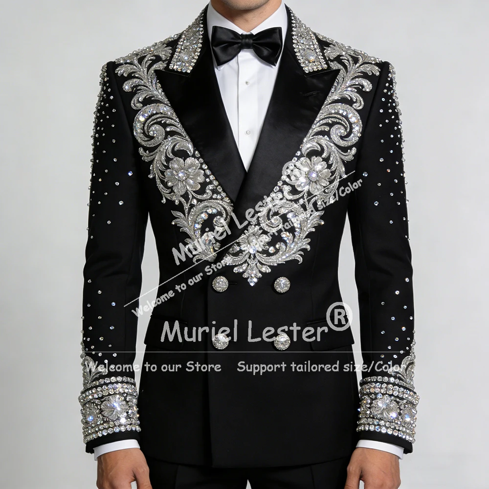 

Luxury Diamond Beaded Suits Men For Wedding Double Breasted Jacket Pants 2 Piece Sets Groom Tuxedos Customized Man Party Attire