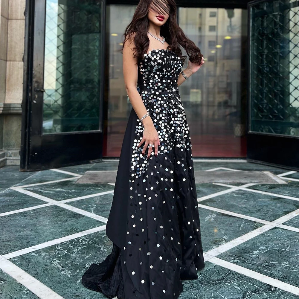 

Customized Elegant Sequined Satin Evening Dresses Temperament A-Line Floor Length Strapless Sleeveless Bespoke Occasion Gowns