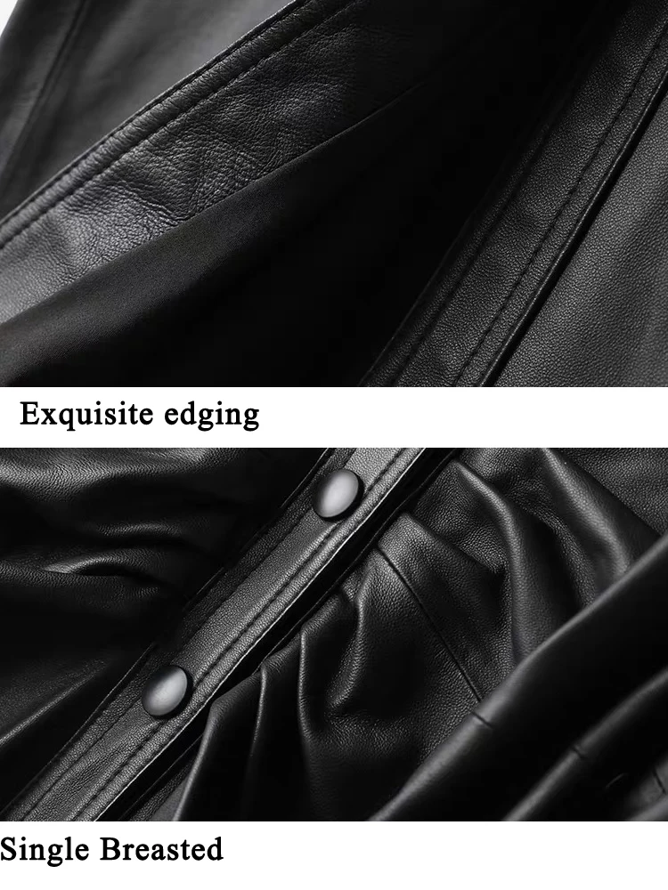 Leather Cardigan For Women Real Sheepskin Slim Fit Long Dress Female Elegant Commuting Pleated Waistband Long Coat Streetwear