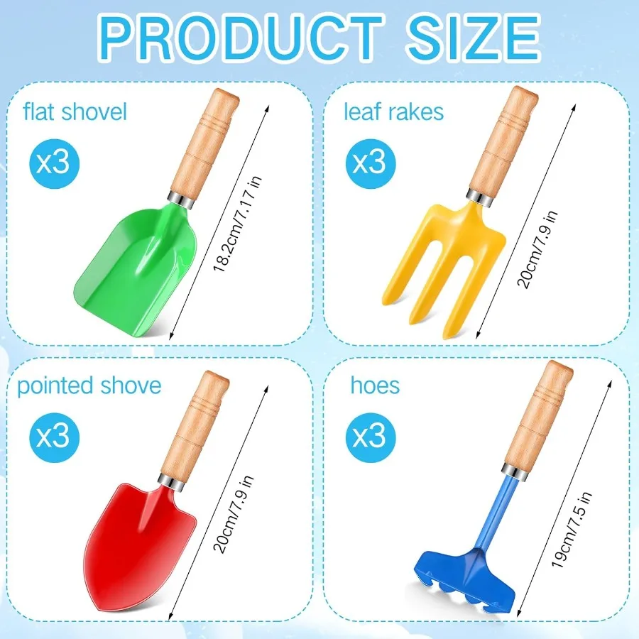 Gardening Tools Metal Garden Beach Sandbox Digging Toys Including Shovel Rake Fork and Trowel Garden Beach Sand Tools with Wood