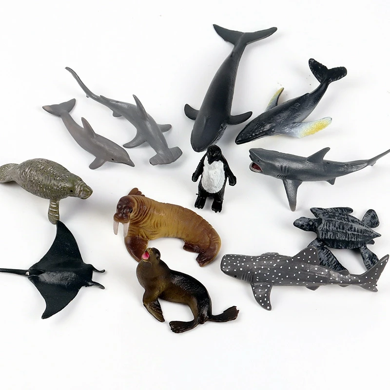 Mini Animal marino de simulación, tiburón asesino, ballena azul, pingüino, Delfín, modelo de juguete, 12 piezas