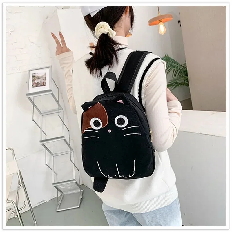 Cy2022 bonito gato lona mochila dos desenhos animados bordados mochilas dos desenhos animados meninas saco de escola casual preto impressão mochila