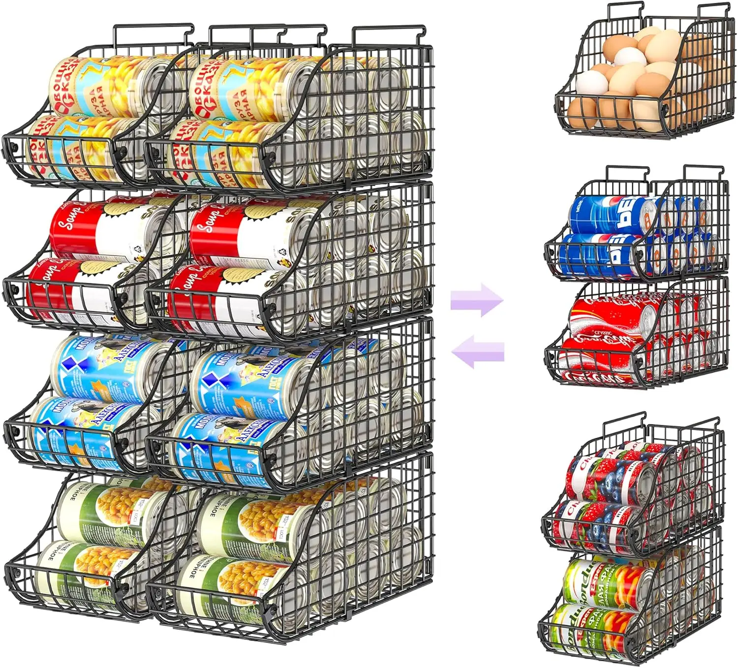 

8-Pack Stackable Can Organizer for Pantry and Fridge, Holds 72 Beers, Small Metal Storage Bin for Kitchen Countertops