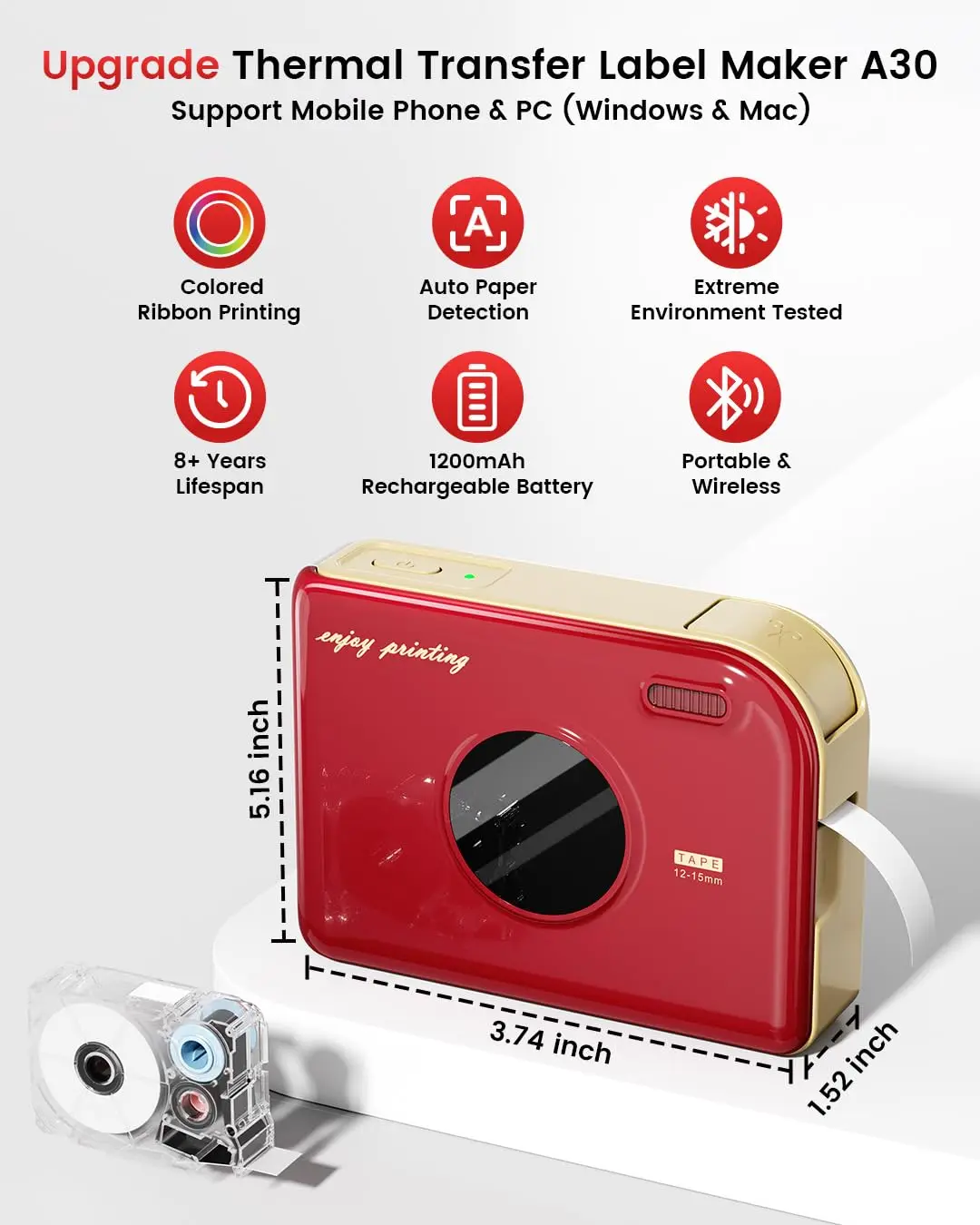 Zodzi(New Design) Inkless Bluetooth Label Printer A30 Phomemo 12mm Label Maker Rechargeable Portable Maker for Office Organizing
