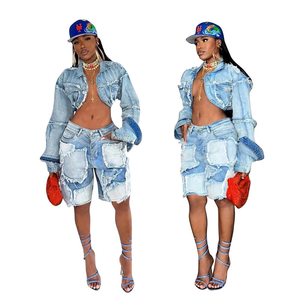

2025 New Women Fashion Distressed Washed Denim Jacket and Bermuda Shorts Set Jean Patched 2 Two Piece Set Outfits Y2k Streetwear