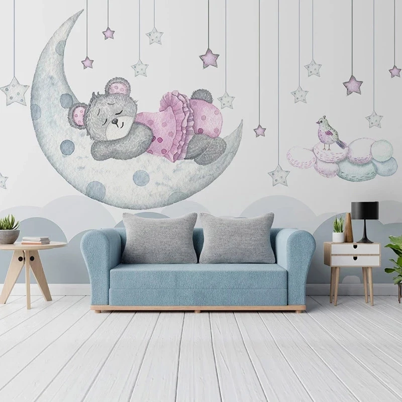 Custom 3d Mural Cartoon Moon Stars sleep Bear Kindergarten Children Room Girl Room Bedroom Living room TV background restaurant