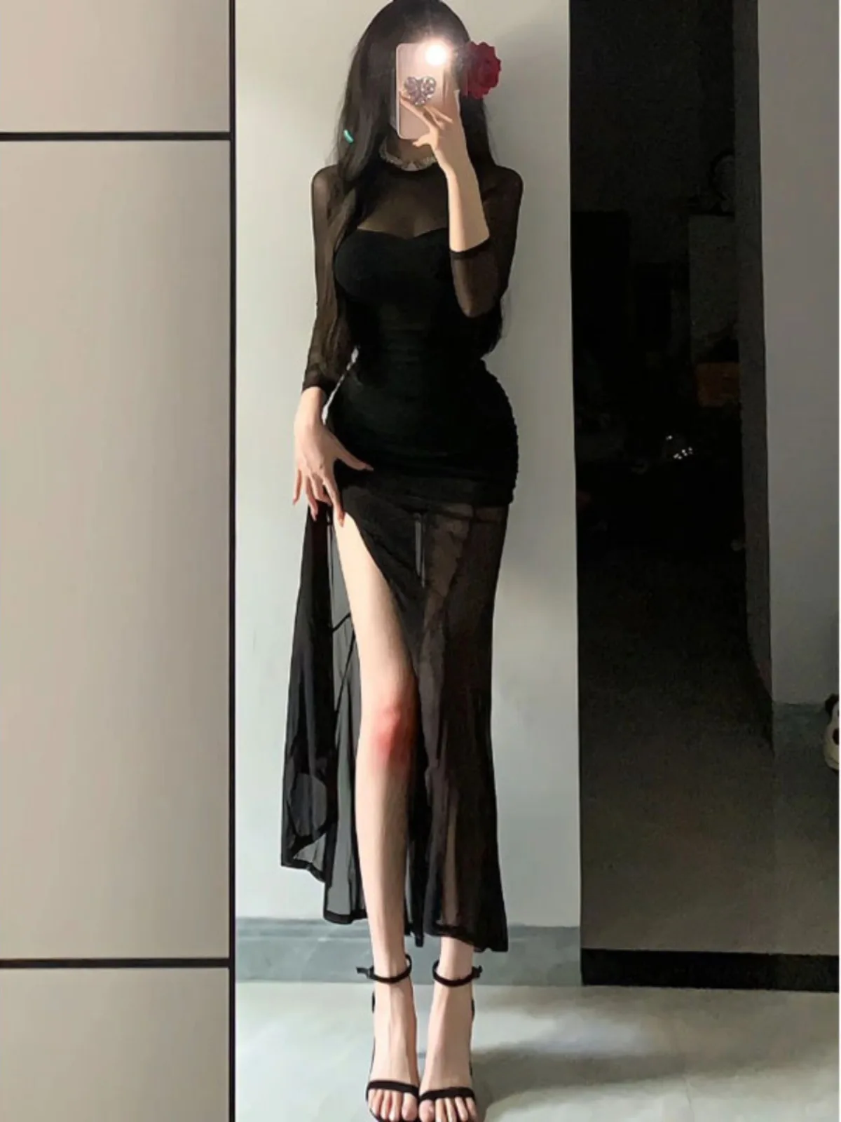 

Women Sexy See-through Dress 2026 Spring Elegant French Women's Chic Mesh Long Sleeve Black Formal Evening Slit Dress