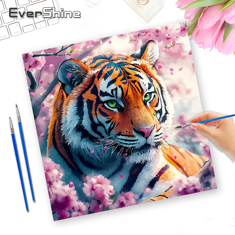 EverShine Malen nach Zahlen Set Tiger Erwachsene Nummernmalerei Tier Rahmenlos Bunte Kirschblüten Leinwand Heimdekoration