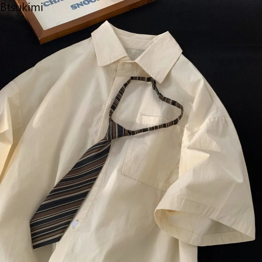 New 2025 Retro Style Men's Short Sleeved Workwear Shirt Summer Tie DK Uniform Shirt for Men Thin Style Oversize Loose Lapel Tops