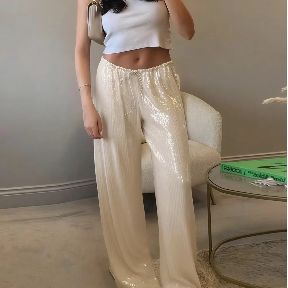 Fashion Drawstring High Waist Sequin Pants Loose Solid Color Wide Leg Pants Long Length Casual Trousers for Women