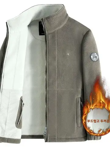 두꺼운 플리스 재킷 남성용 가을 겨울 양면 벨벳 지퍼 스탠드 칼라 야외 캠핑 여행용 짧은 스타일