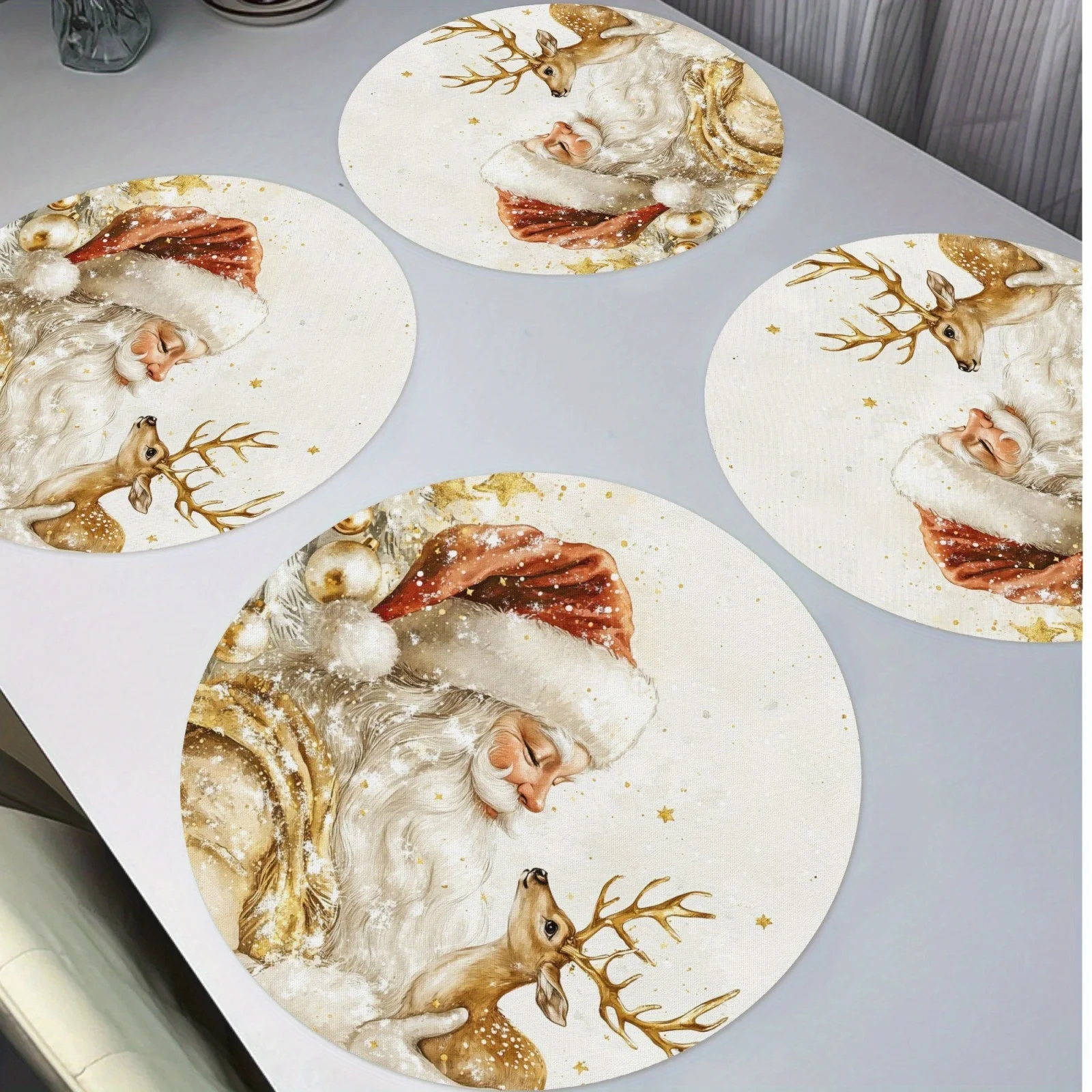 VIKAMA 4-Piece Santa's Reindeer Placemats Easy-Clean Family Gatherings Christmas Party Holiday Table Decor & Accessories