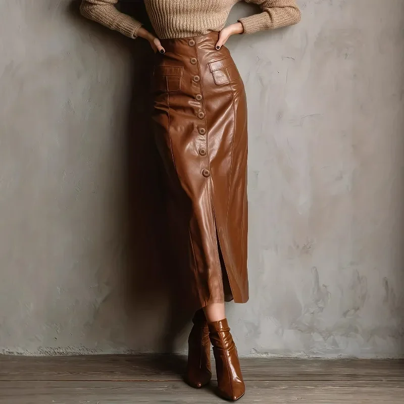European American Sexy Button Slit Slim High-waisted Long and Body-hugging Skirt New Autumn and Winter PU Leather Women's Dress